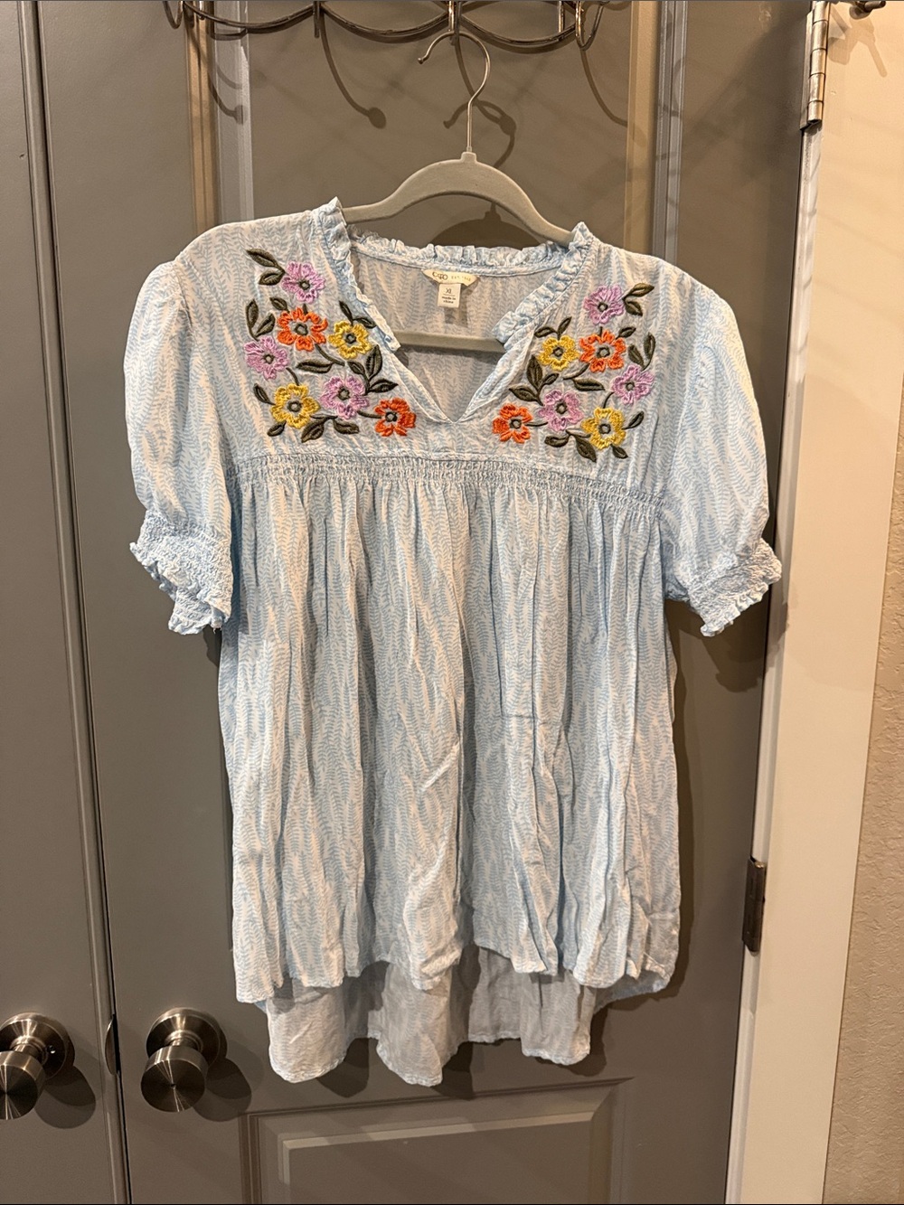 Cato Light Blue Embroidered Floral Peasant Tunic